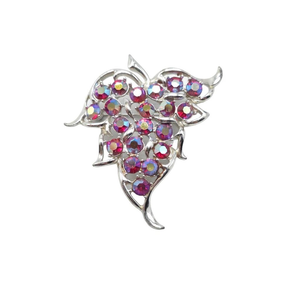 Vintage Red AB Rhinestone Brooch Silver Tone Leaf Pin Sarah Coventry